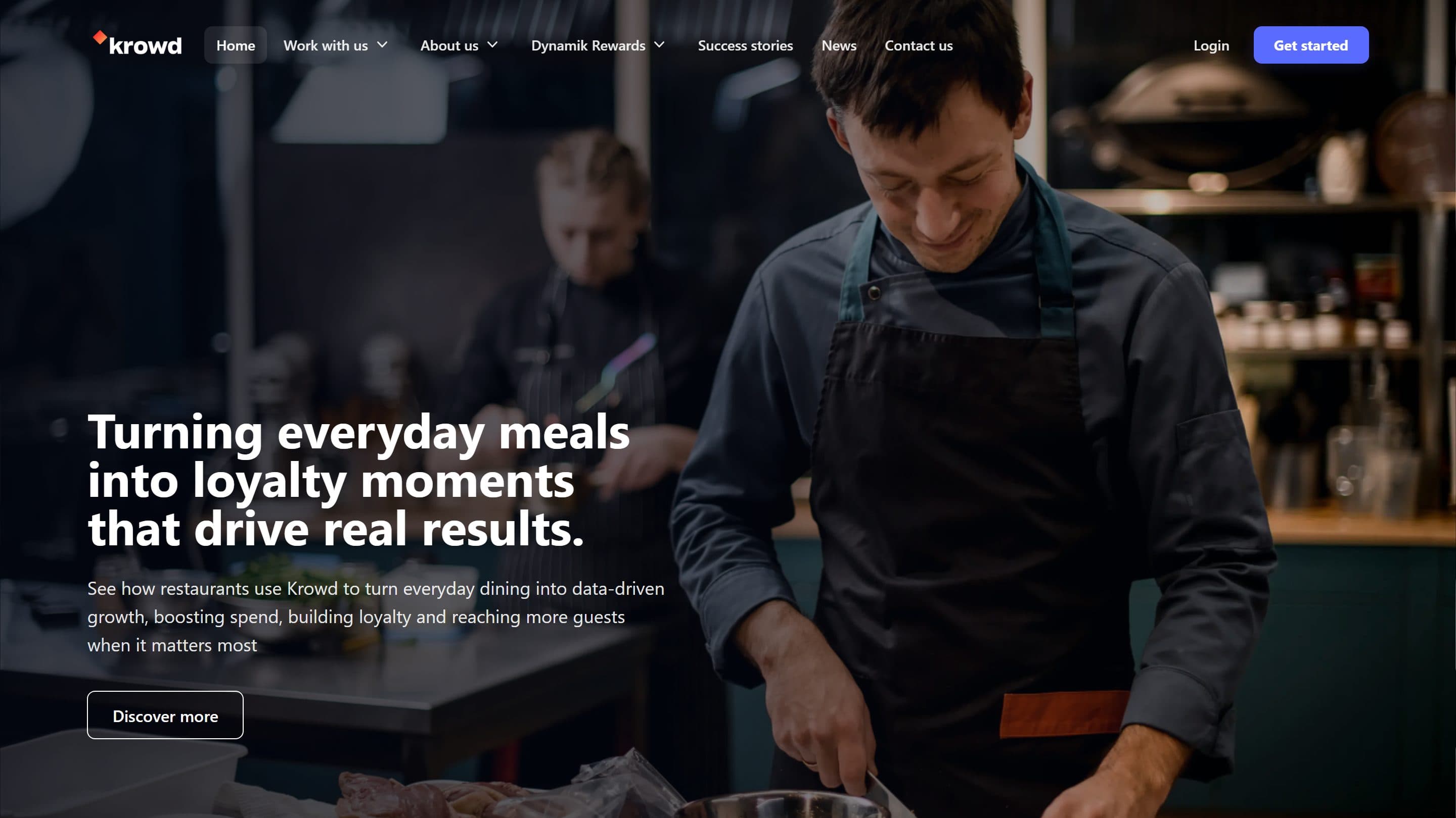 The Krowd homepage: a chef working the pass in a restaurant kitchen, under the line 'Turning everyday meals into loyalty moments that drive real results.'
